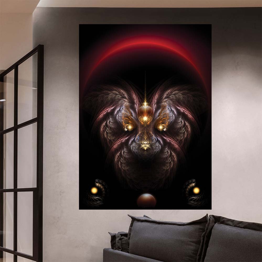 60 inch poster of fractal fantasy art of a dog with glowing eyes and a red arc in the background emerging form the dark displayed on wall next to modern room divider