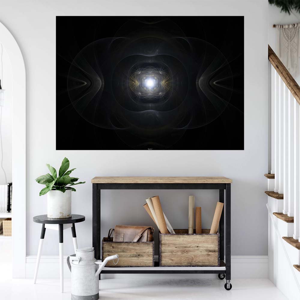 60 inch poster of abstract fractal art of a primordial relic with emanating light source displayed on a wall next to stairs and above a rolling cart
