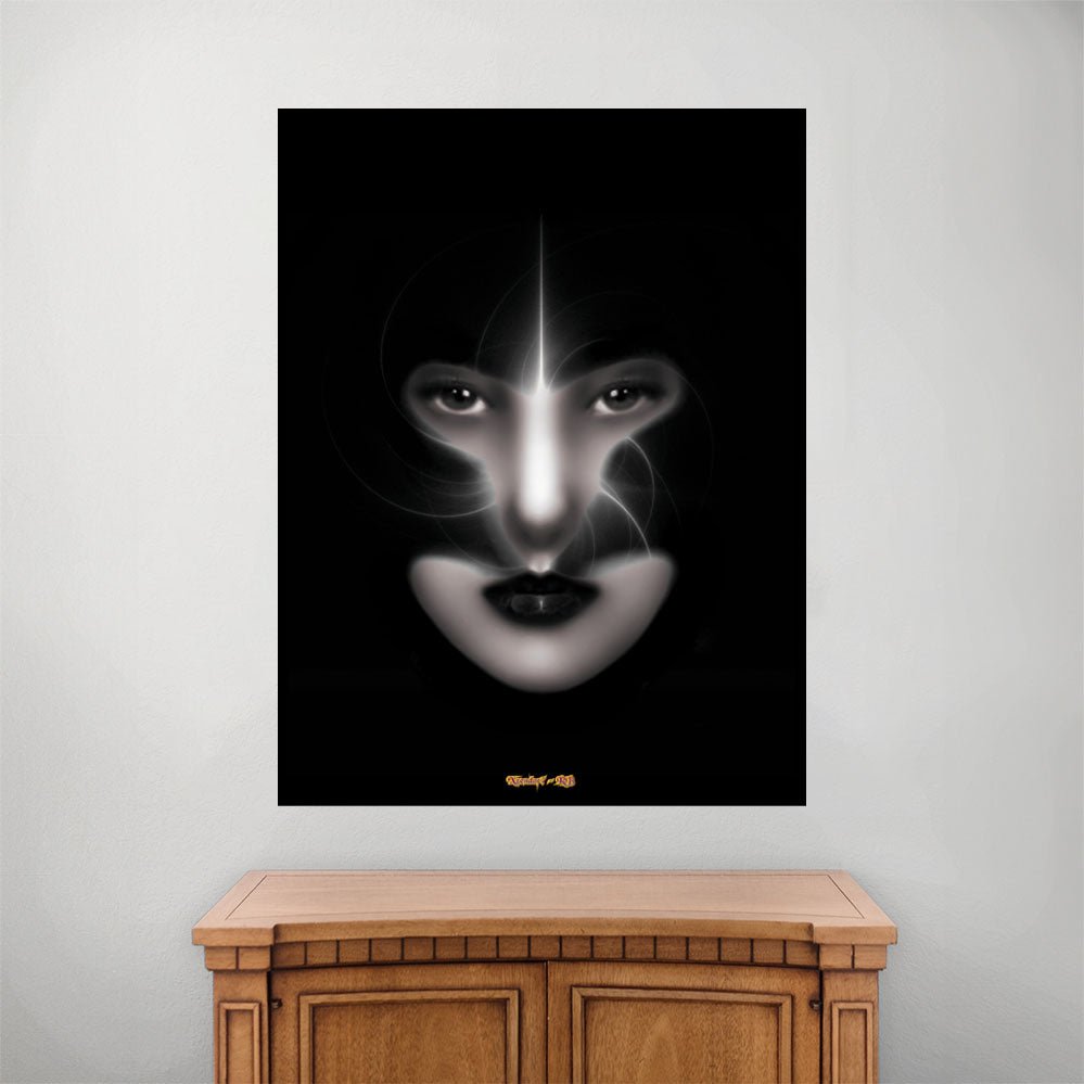 60 inch decal of fantasy fractal art of a womans face shadowed by her helmet with swirling white light displayed on a wall above a small wooden cabinet