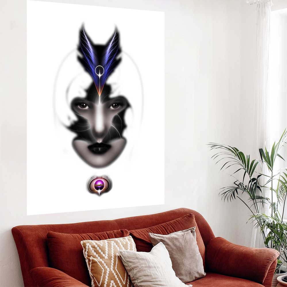 60 inch poster of an artistic depiction of a mystic woman wearing a feather headpiece installed on a white wall above a rust colored sofa with beige and brown pillows