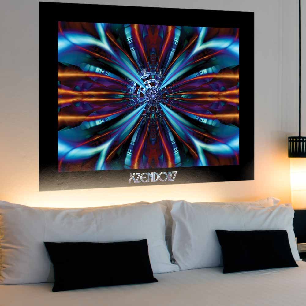 60 inch poster of fractal art of a symmetrical kaleidoscope of blues, purples and oranges that evokes shimmering wings  installed on wall above  a bed