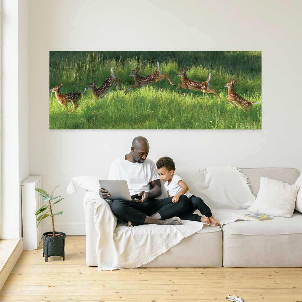 72 inch Poconos Fawn Jumping Panoramic Poster Installed Above Sofa