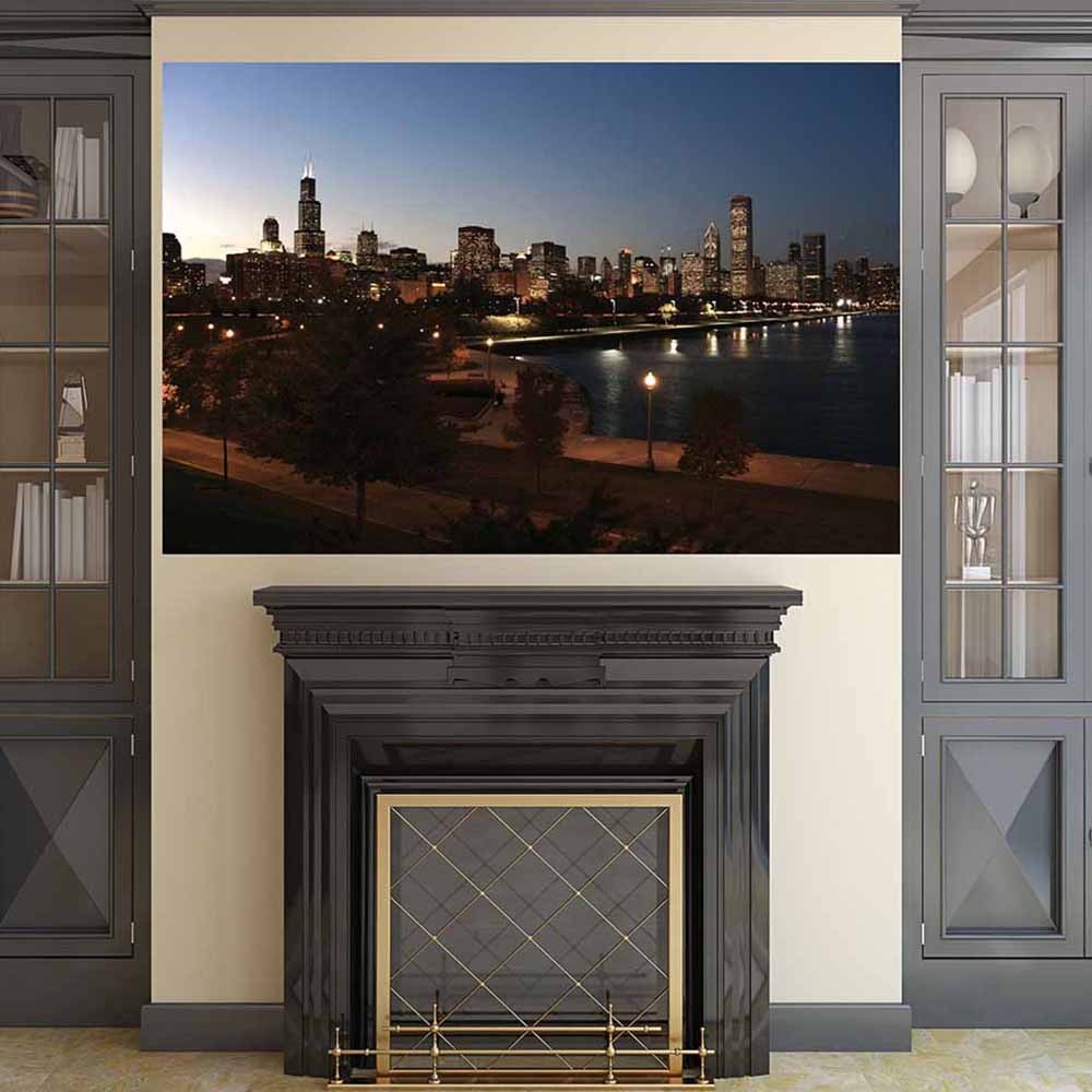 72 inch Downtown Chicago Poster Displayed Above Fireplace