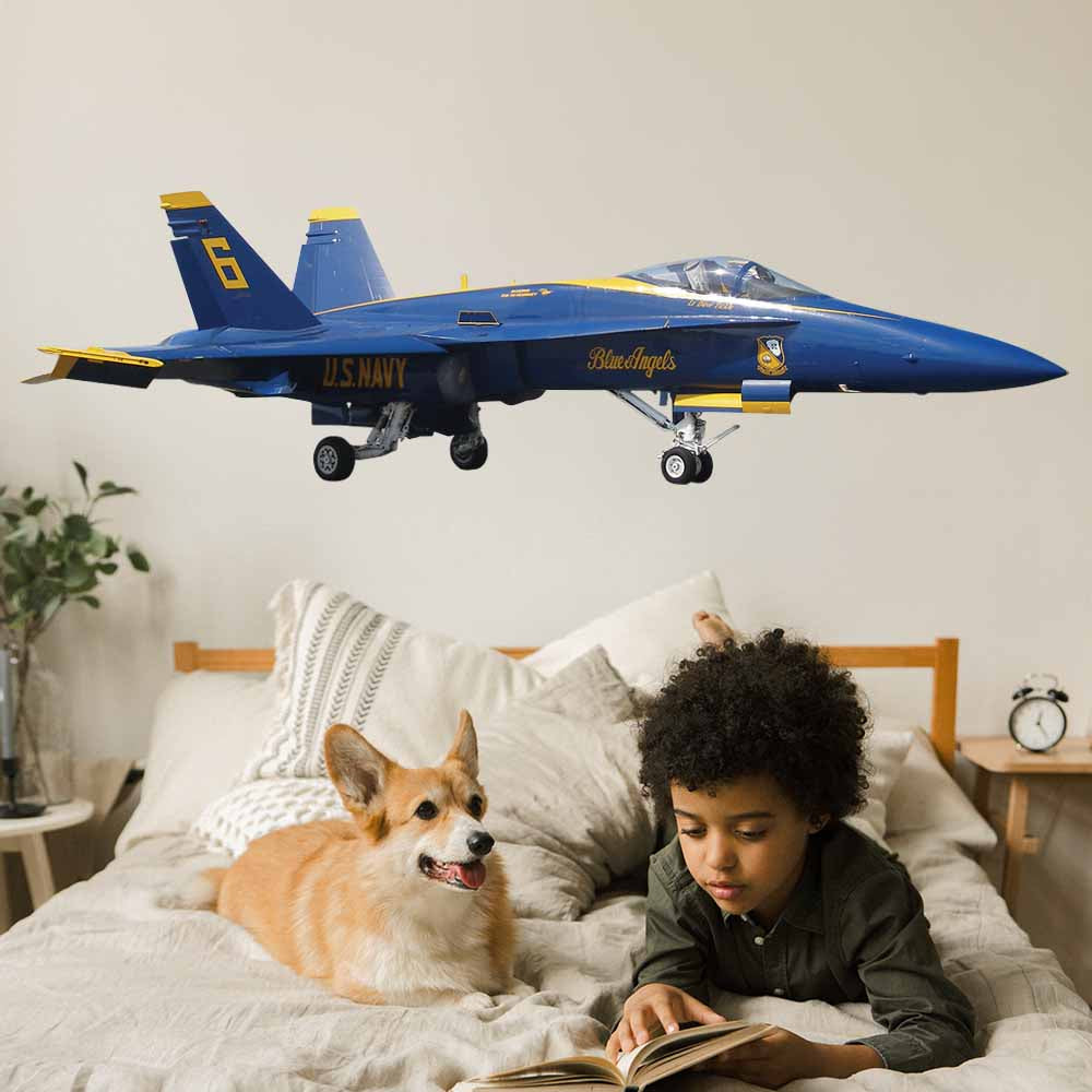 72 inch US Navy Blue Angel F-18 Hornet Wall Decal Installed in Boys Room