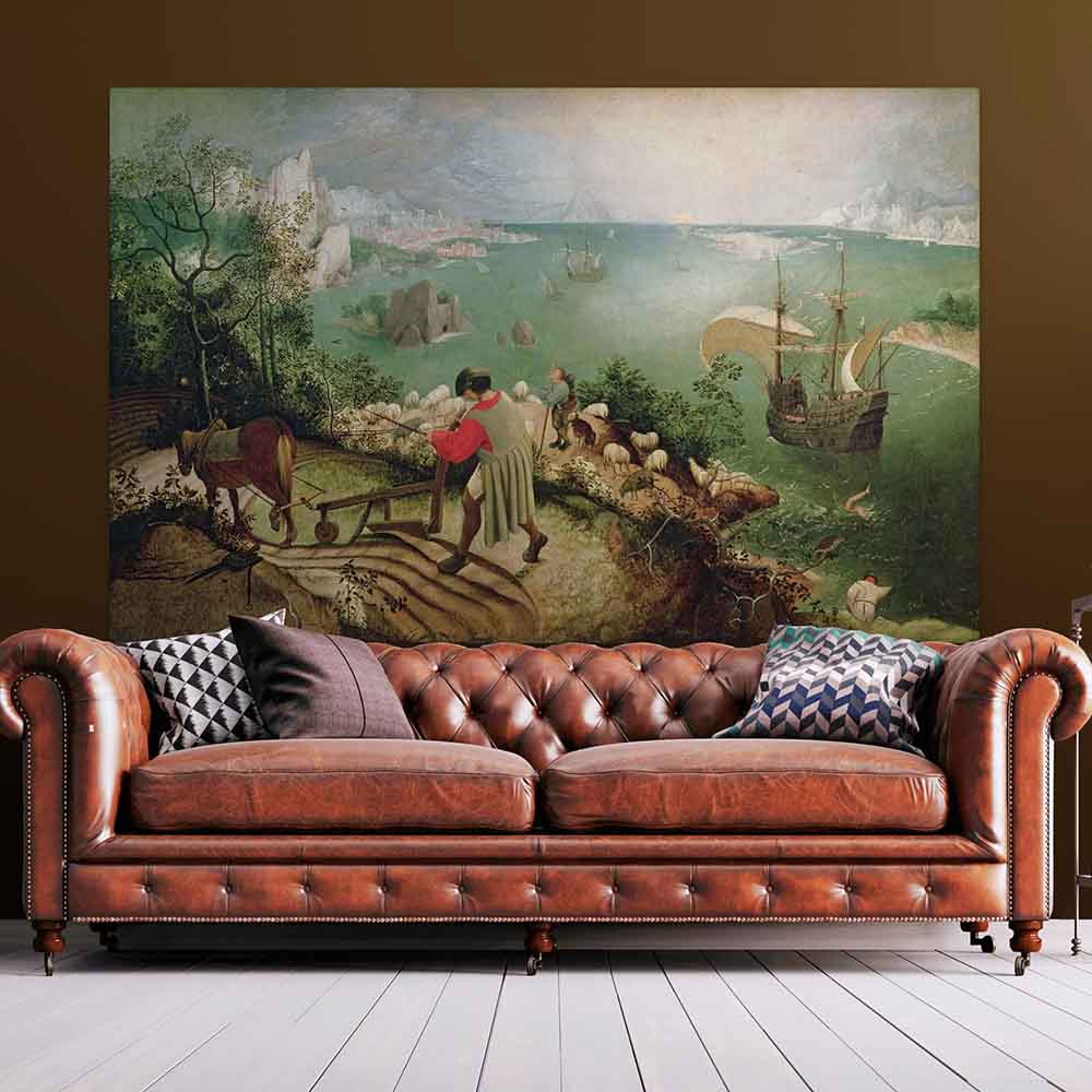46x72 Landscape with the Fall of Icarus Decal Installed Above Sofa