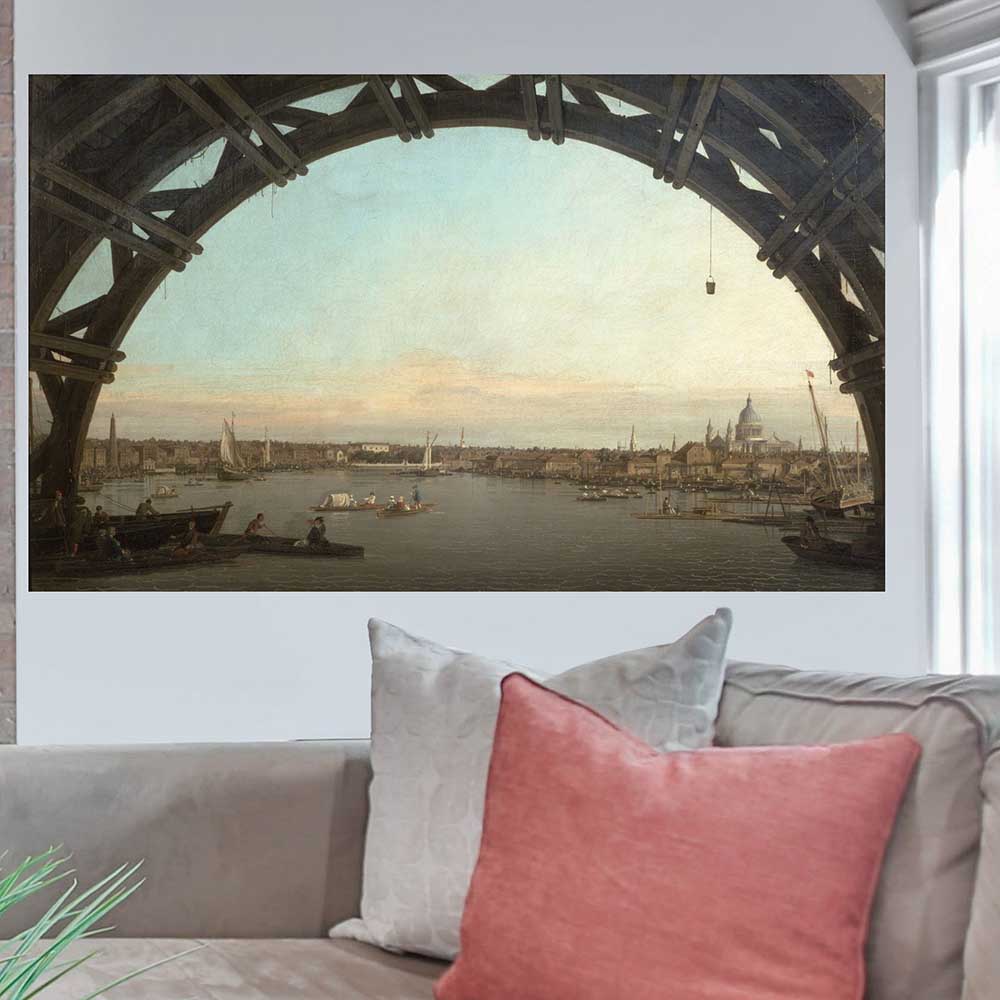 43.5x72 London Seen through an Arch of Westminster Bridge Poster Displayed Above Sofa