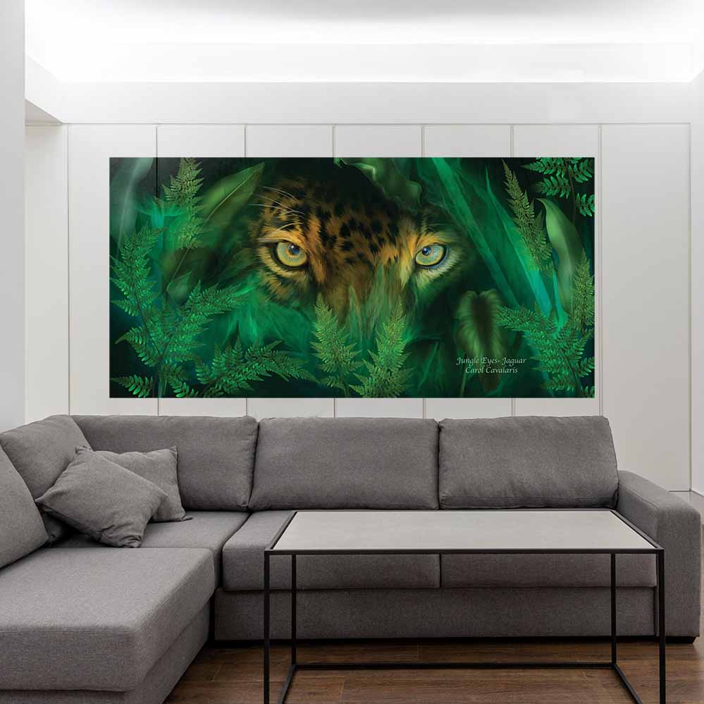 35.5x72 inch Jungle Eyes Jaguar Poster Displayed Above Sofa