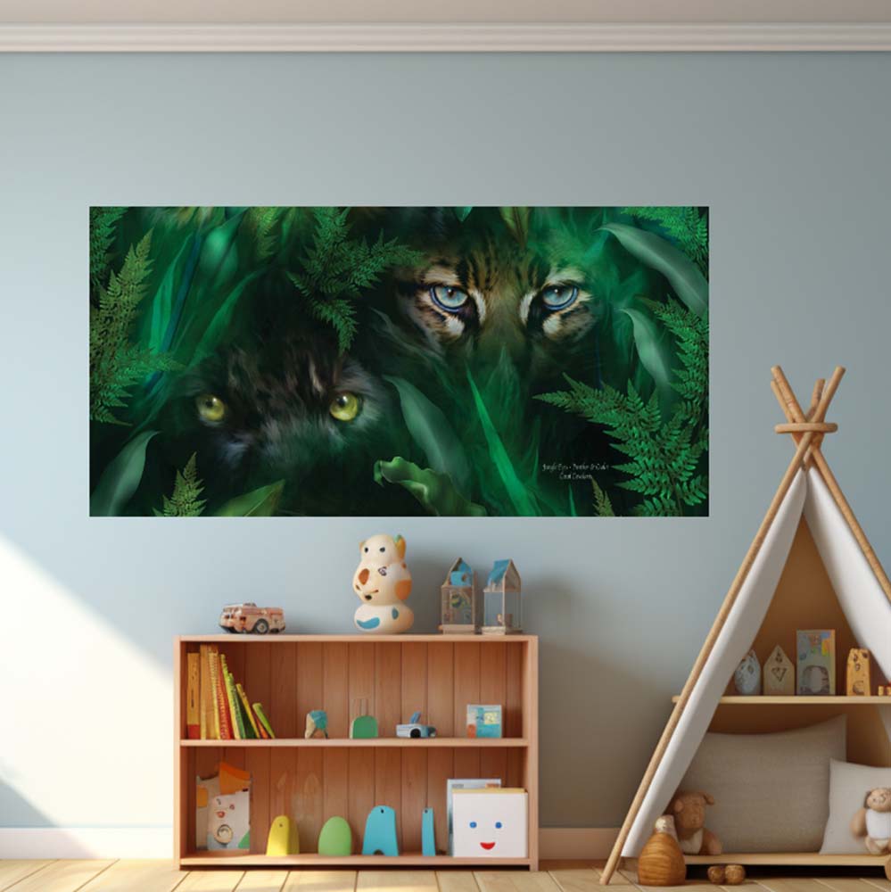 36x72 inch Panther & Ocelot Poster Displayed Above Shelves