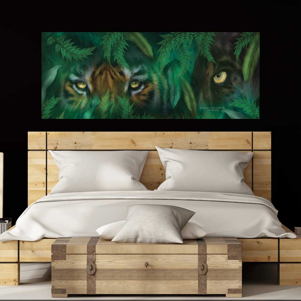 28.5x72 inch Tiger & Panther Poster Displayed Above bed