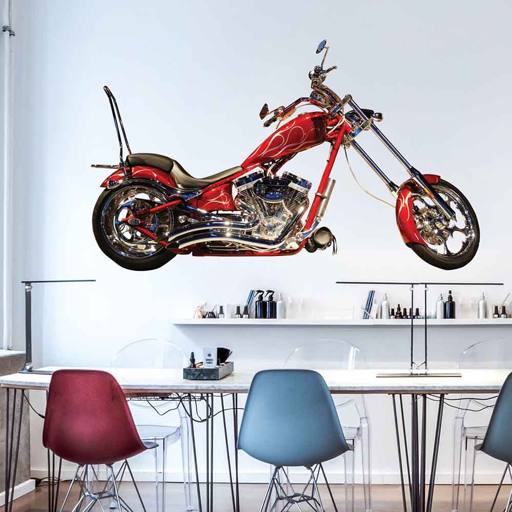 72 inch custom red flame chopper decal installed on wall in office area
