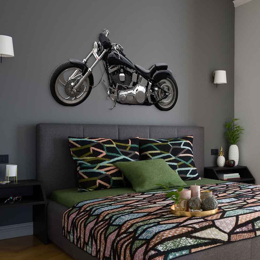 72 inch black fat boy motorcycle decal installed on wall above bed