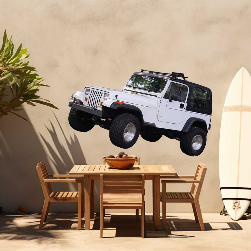 72 inch white Jeep decal installed on a beige wall above an outdoor dining set.