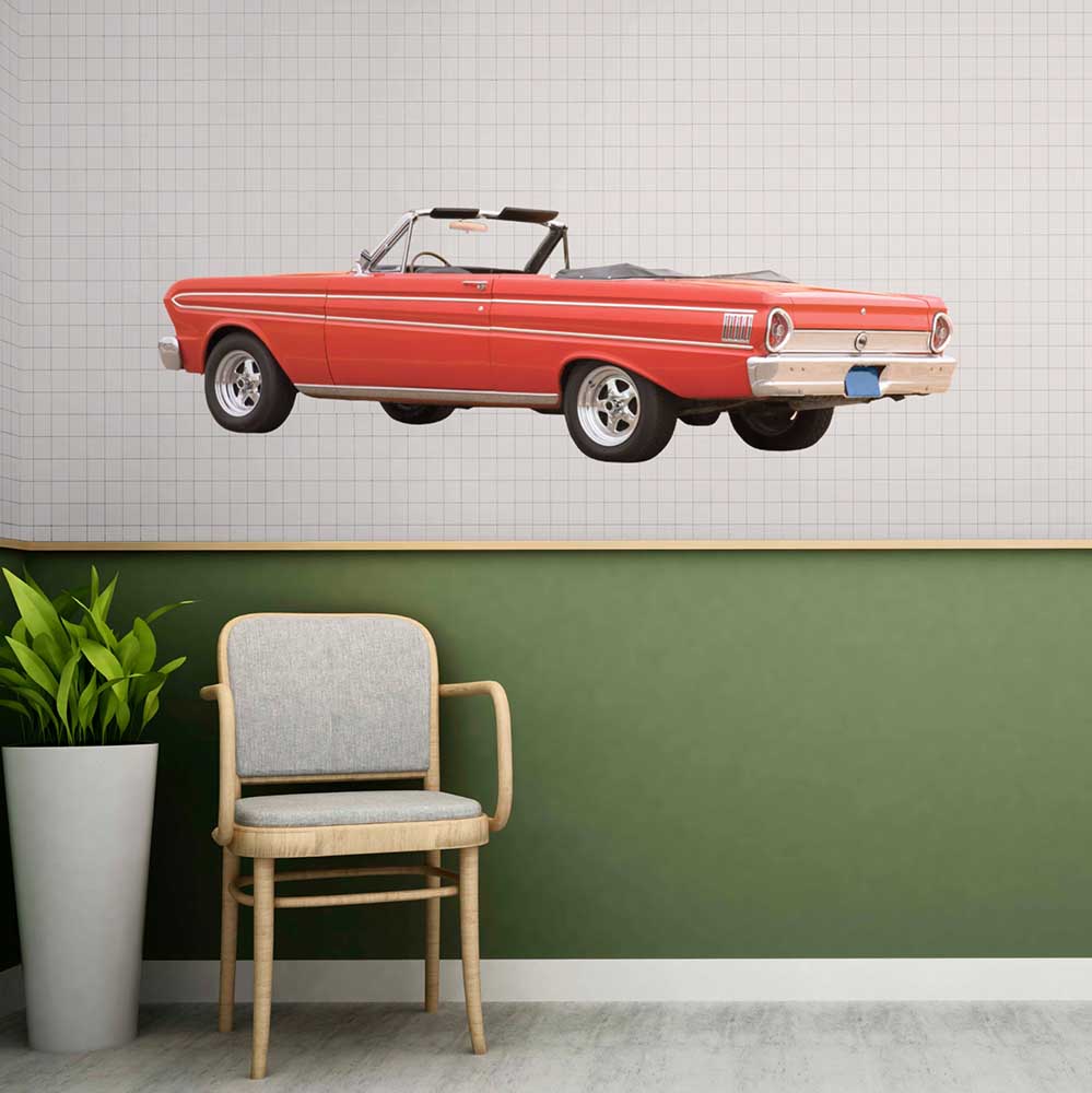 72 inch Red convertible Ford Falcon car decal  on a wall with a chair and plant in the foreground