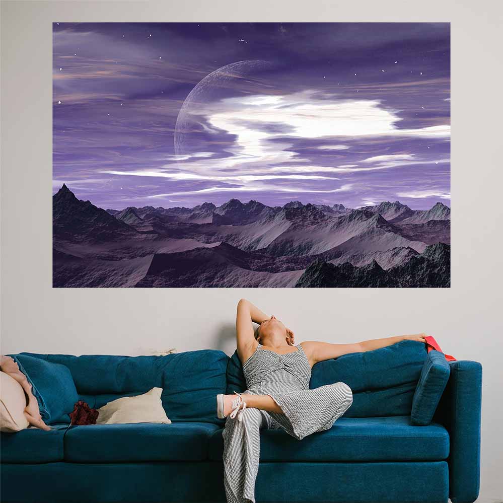 48x72 inch Mystery Planet Poster Displayed Above Sofa