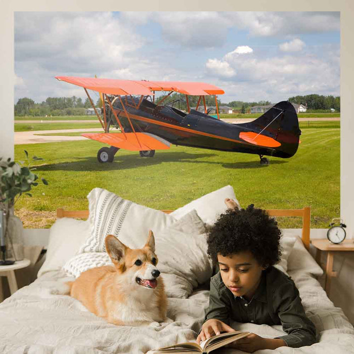 72 inch Vintage Biplane Gloss Poster Installed in Boys Room
