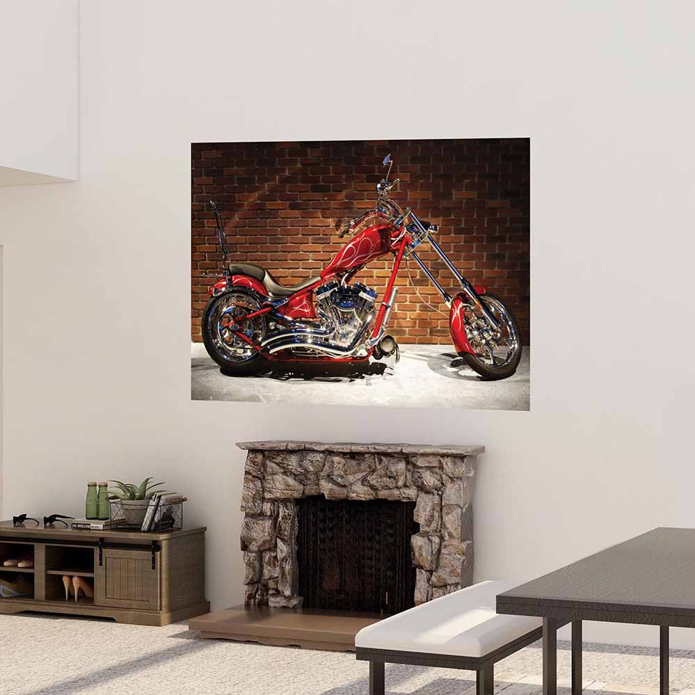 72 inch Red custom chopper motorcycle decal installed above a fireplace