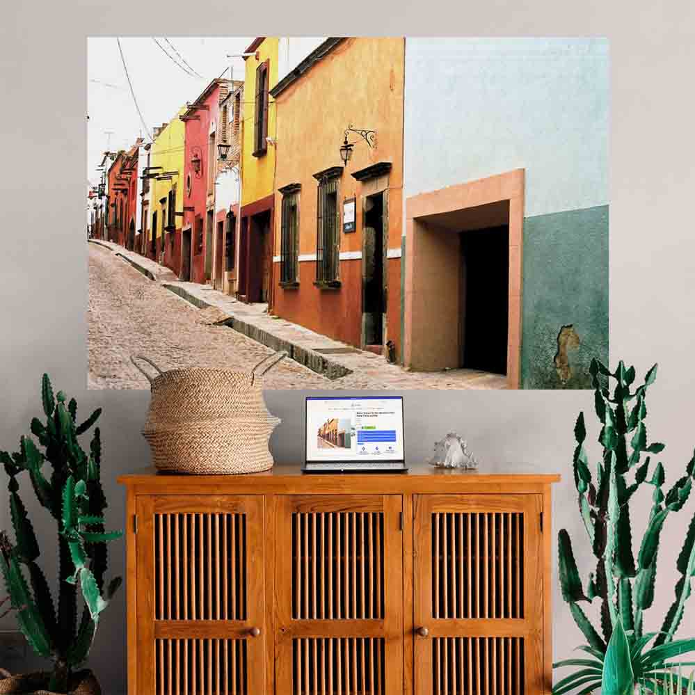 72 inch colorful Mexican architecture decal installed on wall above cabinet