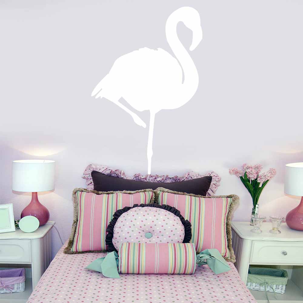 72 inch White Flamingo Silhouette Wall Decal Installed in Girls Room