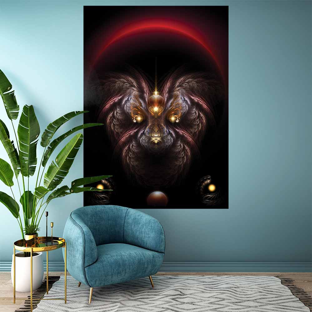 72 inch poster of fractal fantasy art of a dog with glowing eyes and a red arc in the background emerging form the dark displayed on blue wall with blue velvet chair and end table with plant in foreground