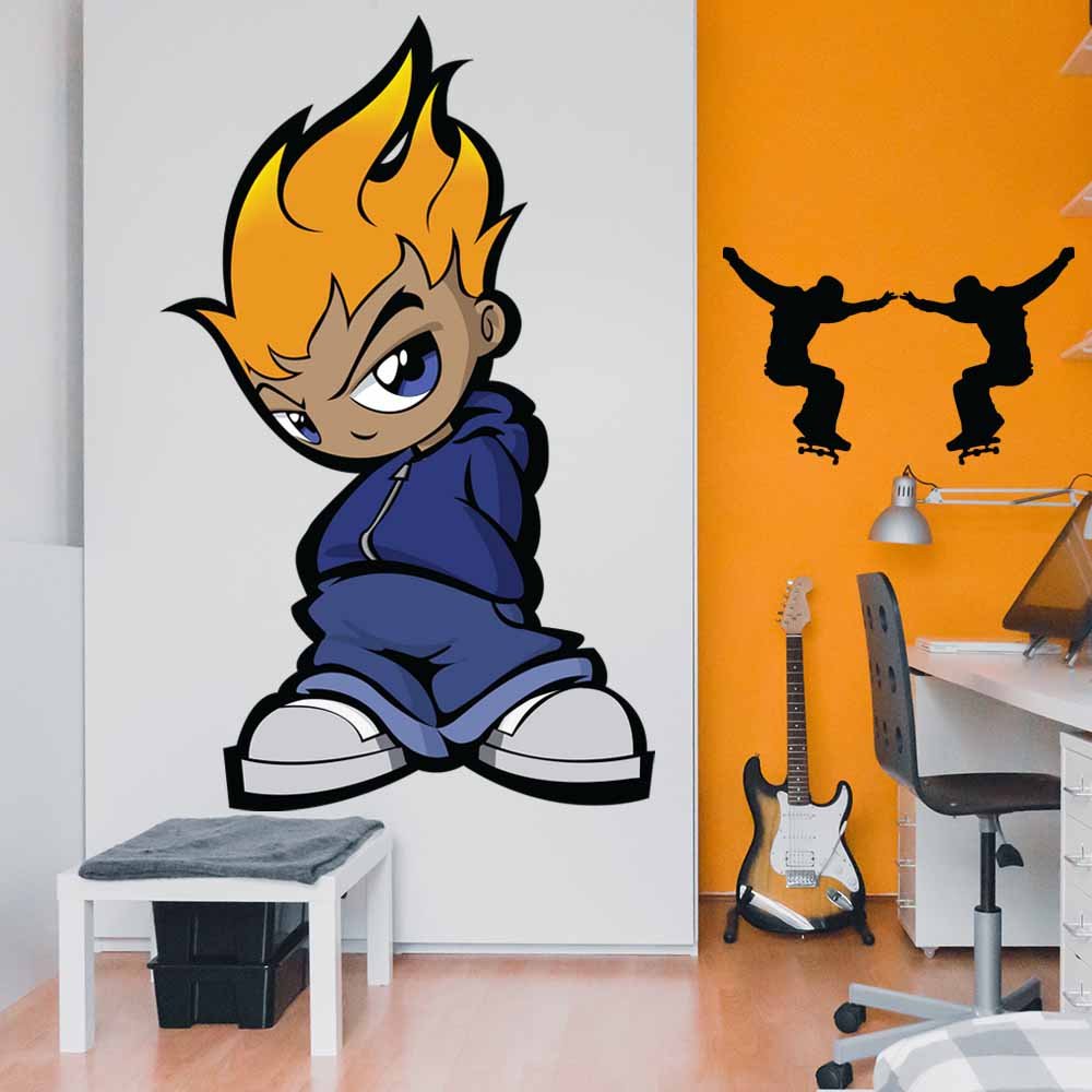 84 inch Flamehead cartoon character wall decal with flame hair installed on a wall next to a guitar and desk setup.