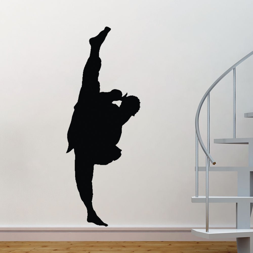 84 inch Martial Arts Extreme Side Kick Silhouette Wall Decal Installed by Staircase