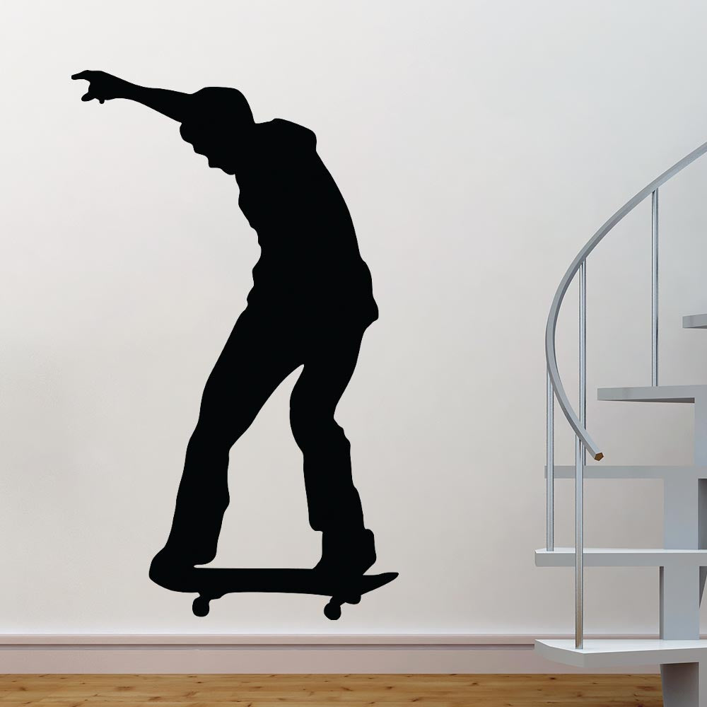 84 inch Skateboard Fontside Heelflip Silhouette Wall Decal Installed Next to Staircase