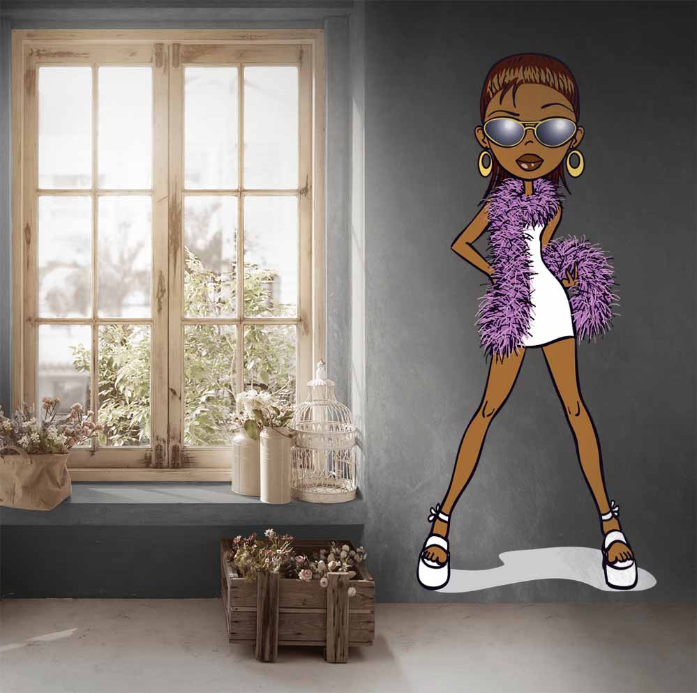 84 inch Diva Bat cartoon character wall decal with a purple boa installed near window with plants.