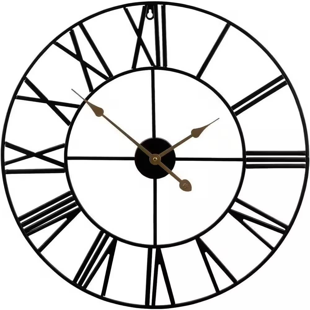 Round 24-inch Black Metal Roman Numeral Wall Clock with Gold Hands-0