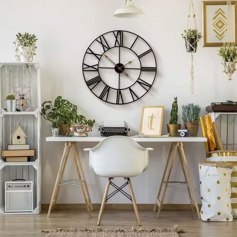 Round 24-inch Black Metal Roman Numeral Wall Clock with Gold Hands-1