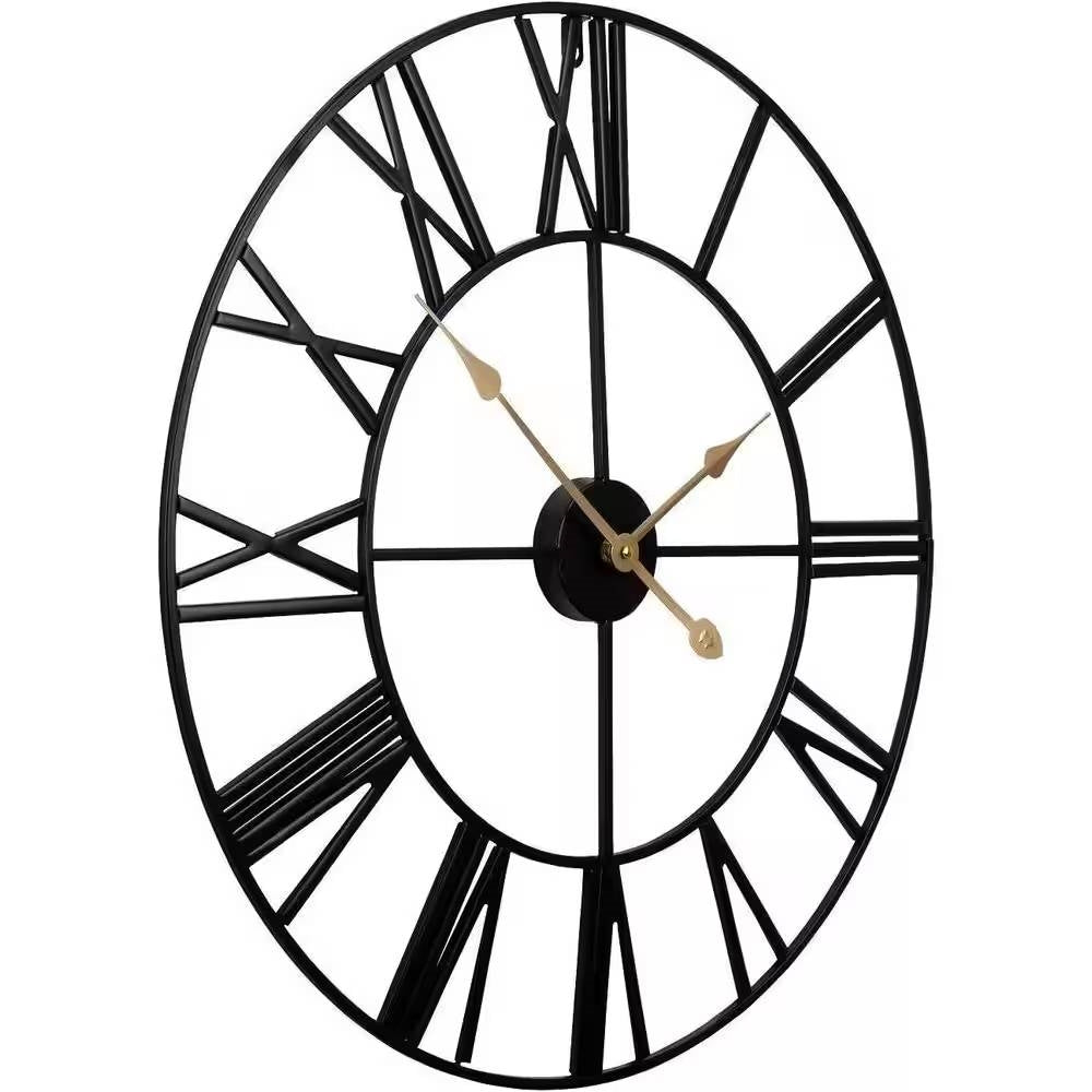 Round 24-inch Black Metal Roman Numeral Wall Clock with Gold Hands-4