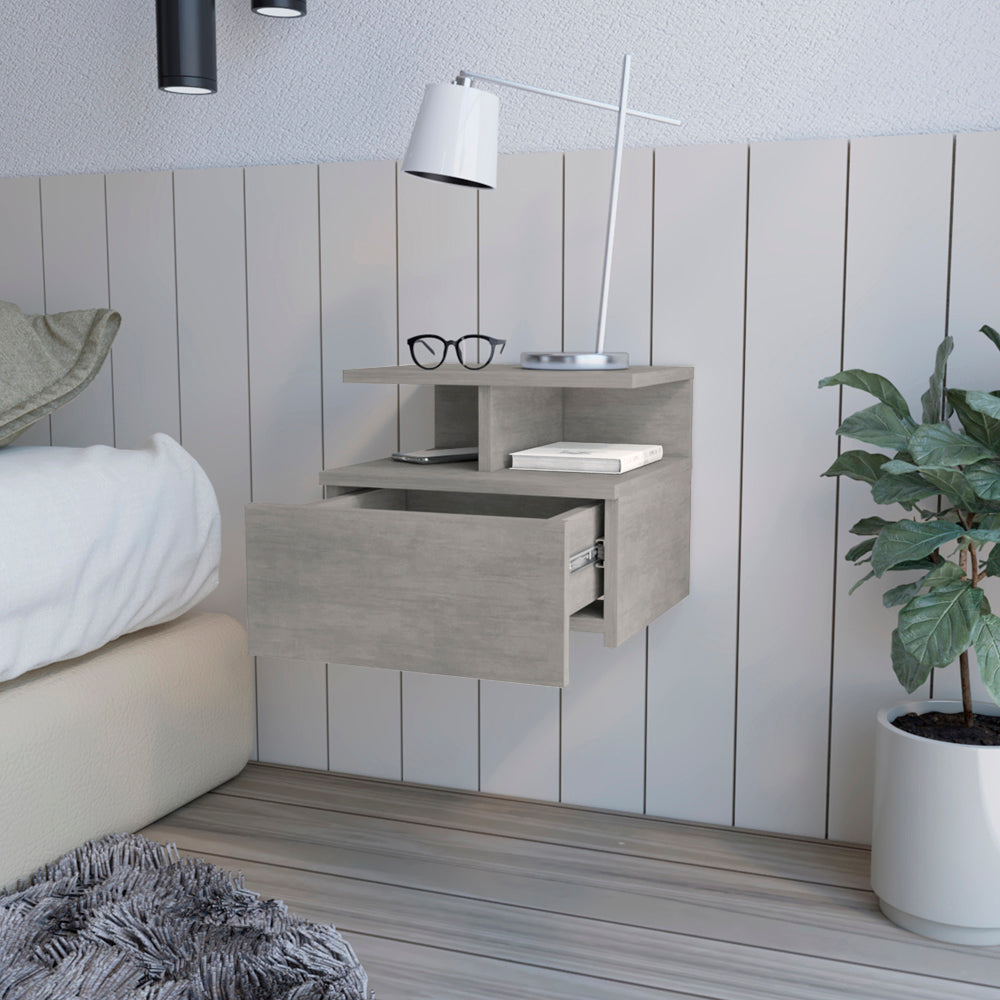 Floating Nightstand Flopini with 1-Drawer and Shelves, Concrete Gray Finish-1