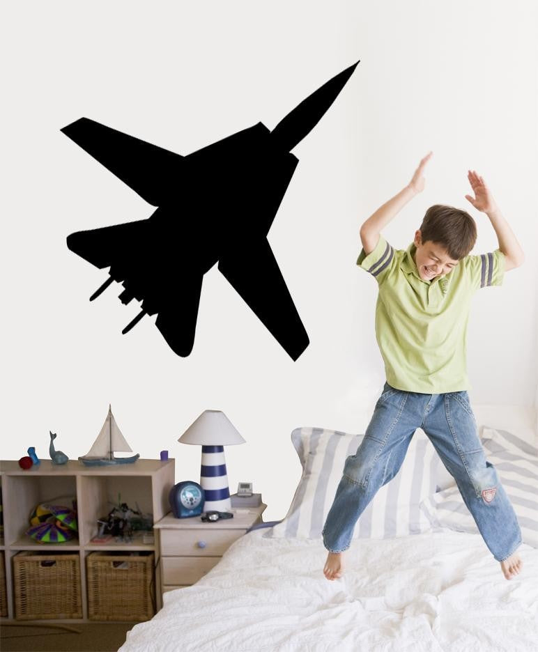 F-14 Tomcat military jet silhouette wall decal installed in boys room by Jaycee Haynes
