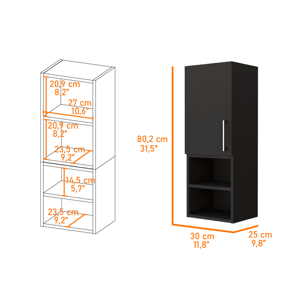 Medicine Cabinet Jozz, Two External Shelves, Metal Handle, Single Door, Black Wengue Finish-2