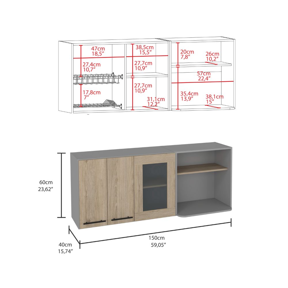 Wall Cabinet Retrit, Double Door, Glass Cabinet, Rack, Light Pine Finish-4