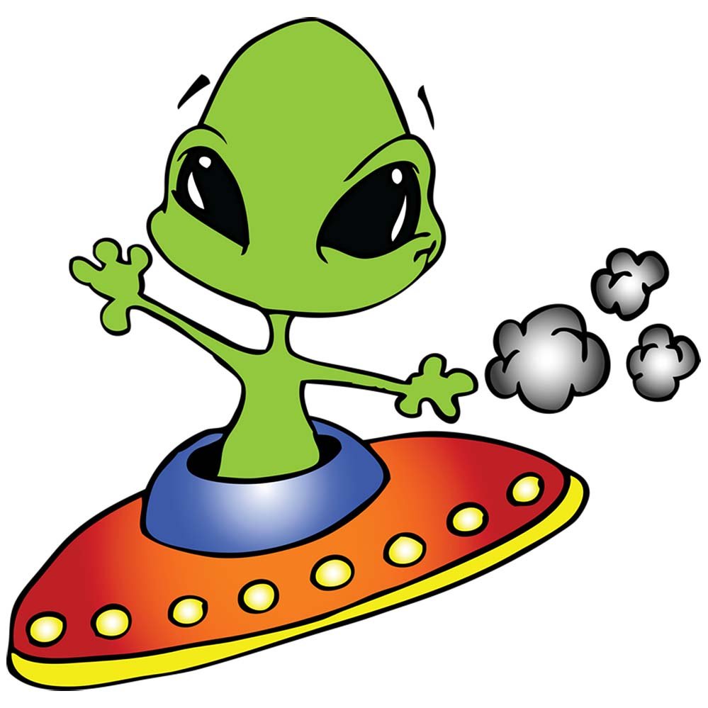 Cartoon green alien die-cut wall decal on a red UFO with gray clouds