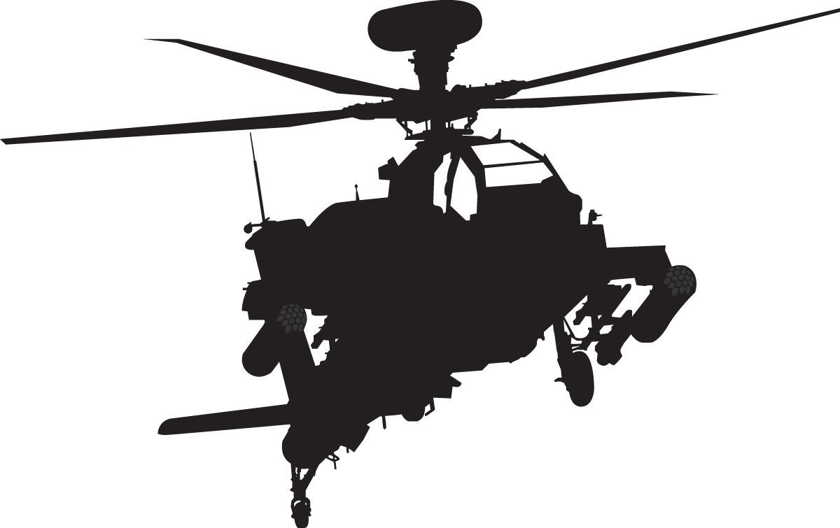 A black silhouette of an attack helicopter shown in side profile against a plain white background.