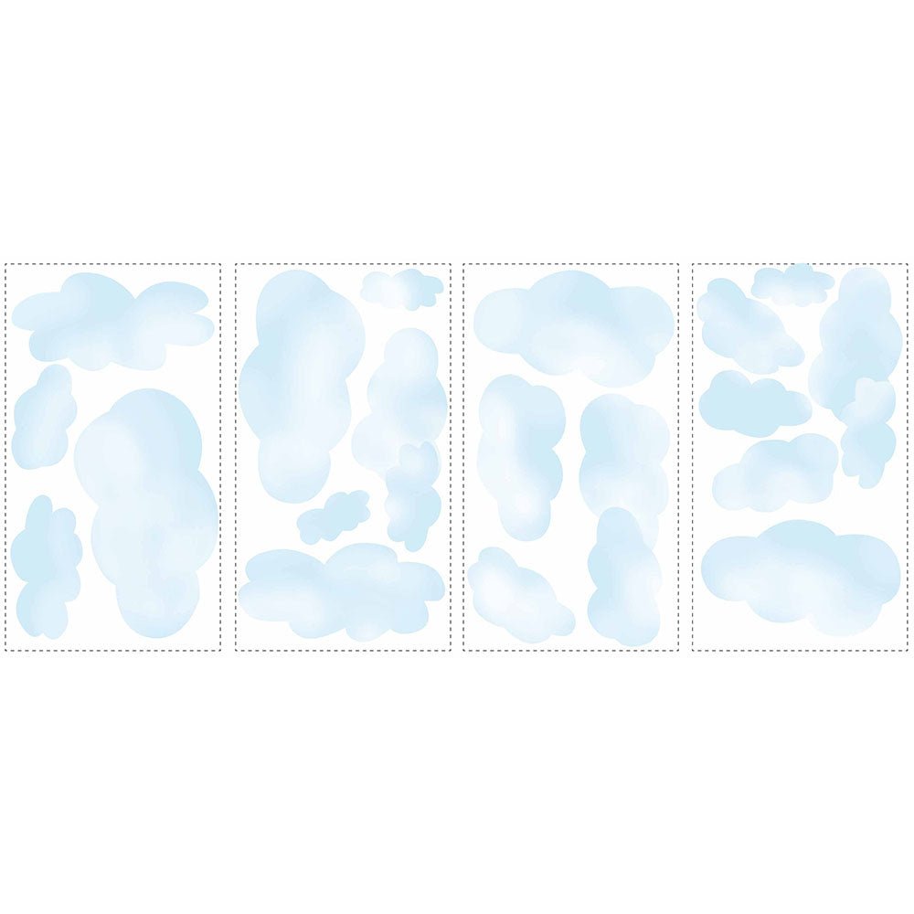 Set of light blue cloud-shaped stickers on a white background