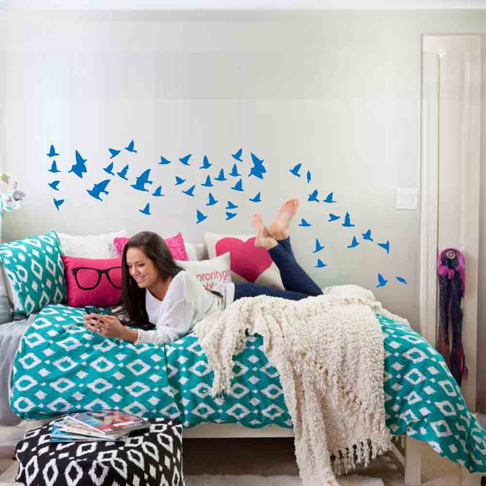 Flocking Birds Blue Silhouette Wall Decals Installed in Teen Girls Room