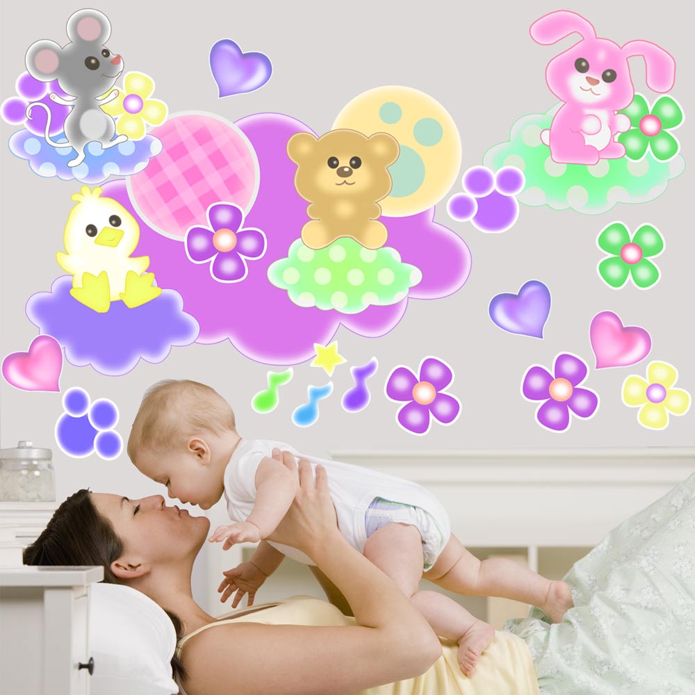 Dreamtime Nursery Wall Decal Installed Above Infant & Mom