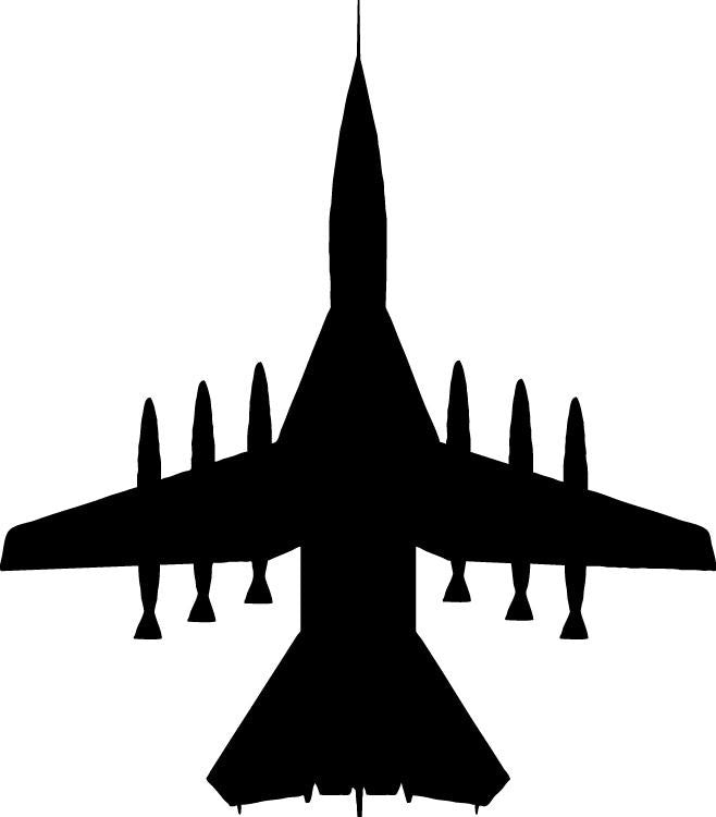 A black silhouette of a multi-engine military jet aircraft viewed from directly above, centered on a plain white background.
