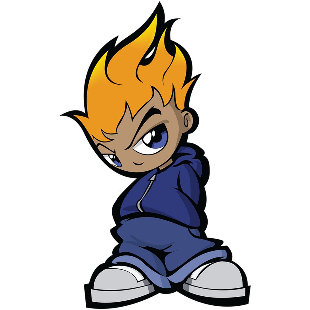 Flamehead cartoon character die-cut wall decal with orange hair and blue outfit printed | Wallhogs