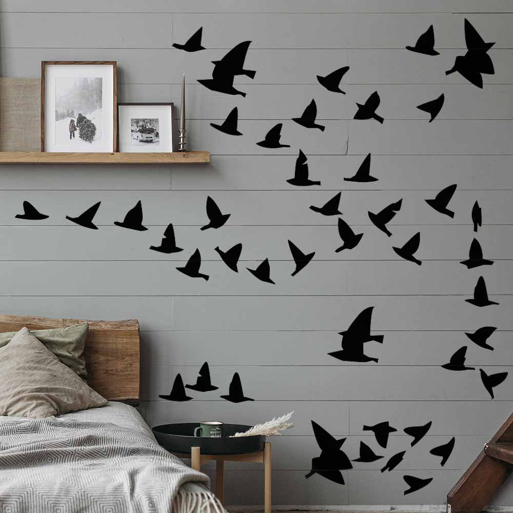 Flocking Birds Black Silhouette Wall Decals Installed in Bedroom