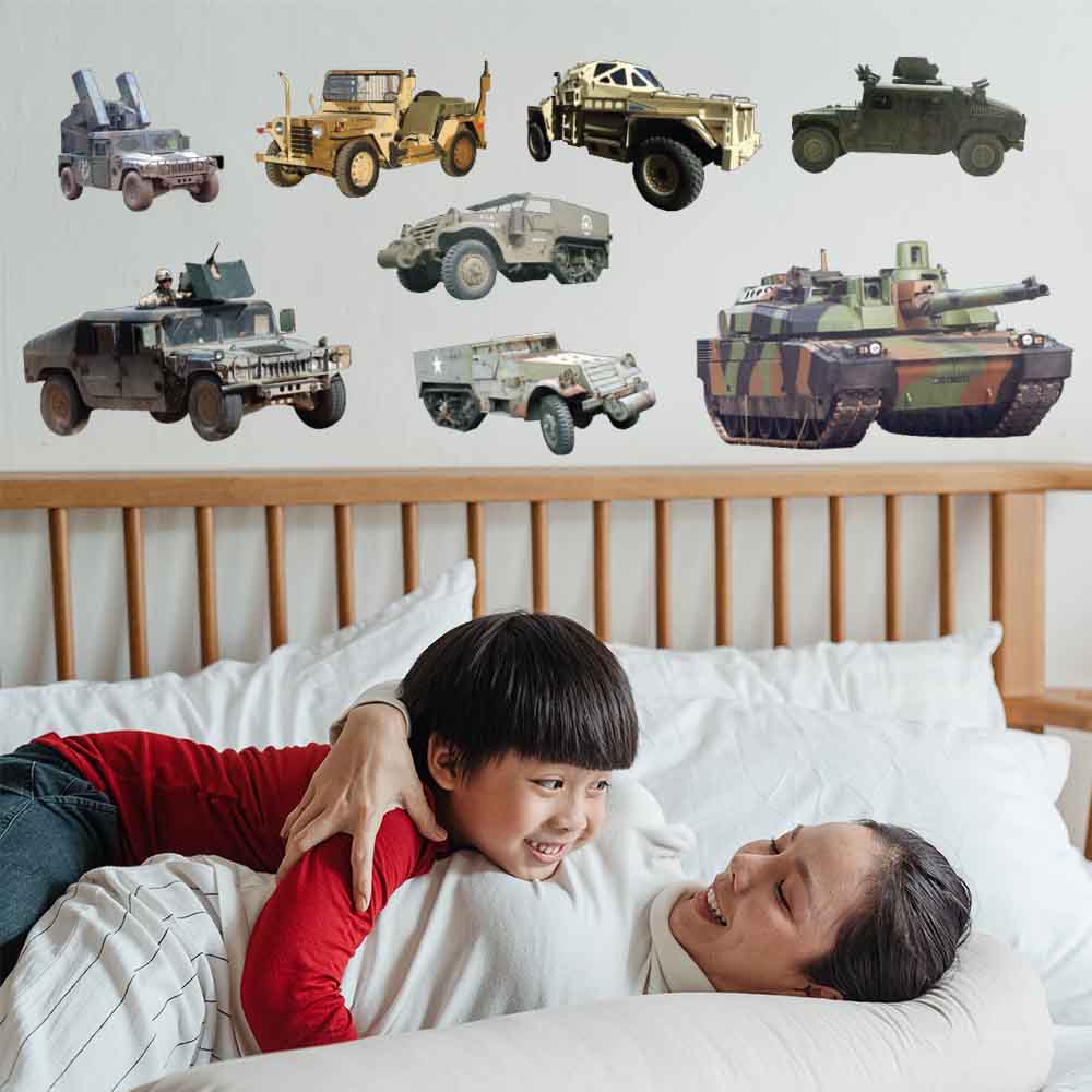 Military Ground Vehicle Multi-Pack Wall Decals Installed in Boys Room