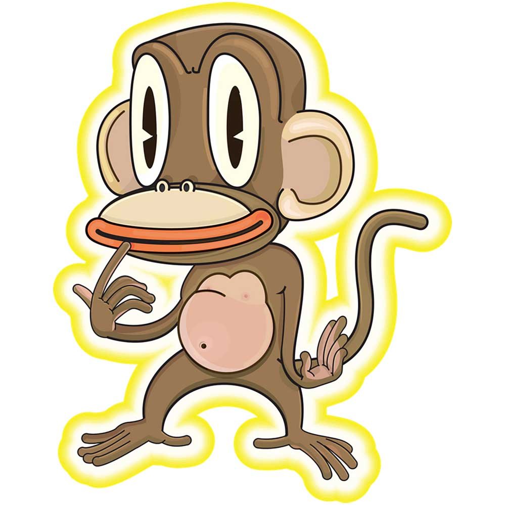 Pondering Monkey cartoon die-cut wall decal with a yellow outline