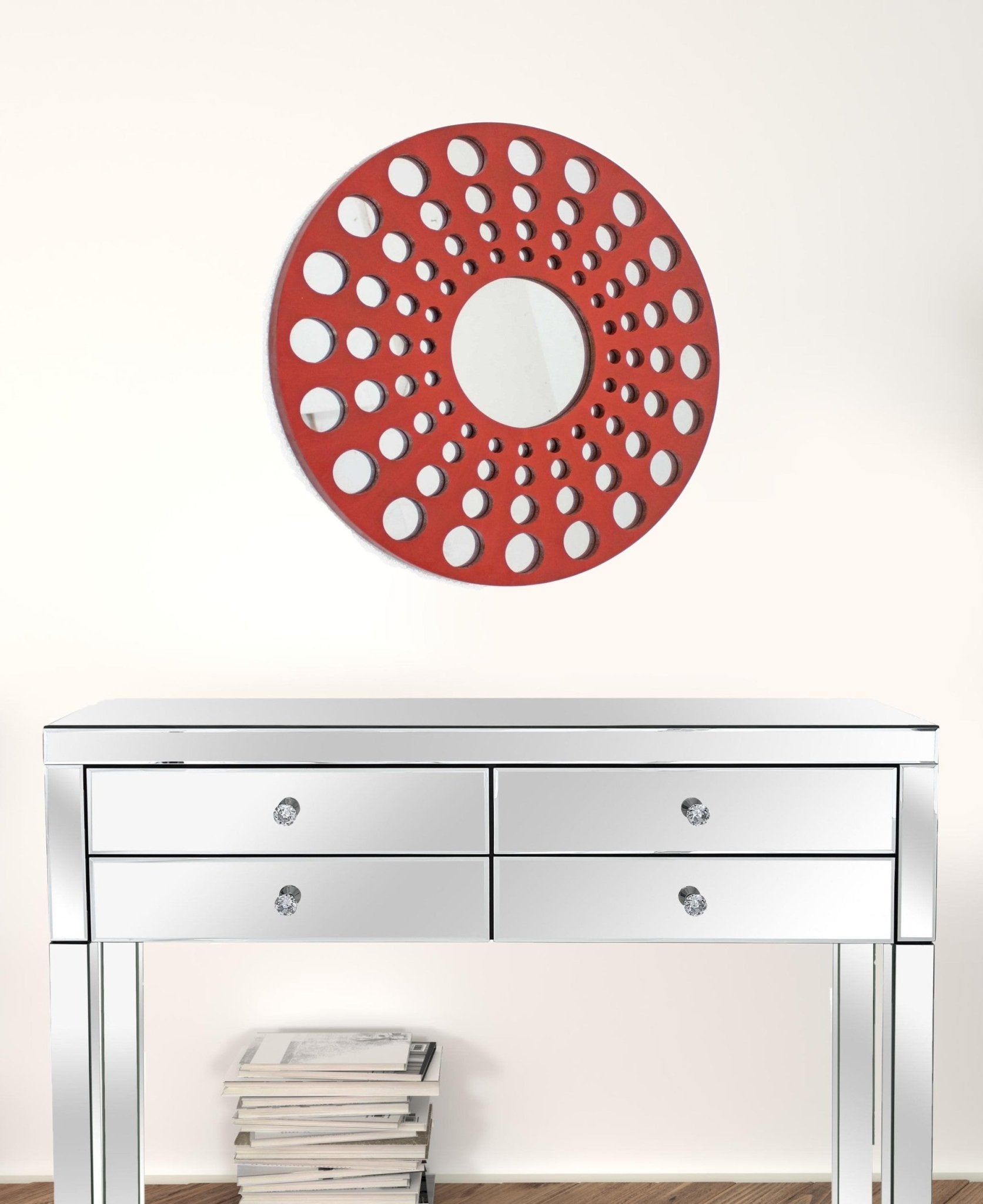 24 inch Red Wooden Circles Wall Mirror Installed Above Bench