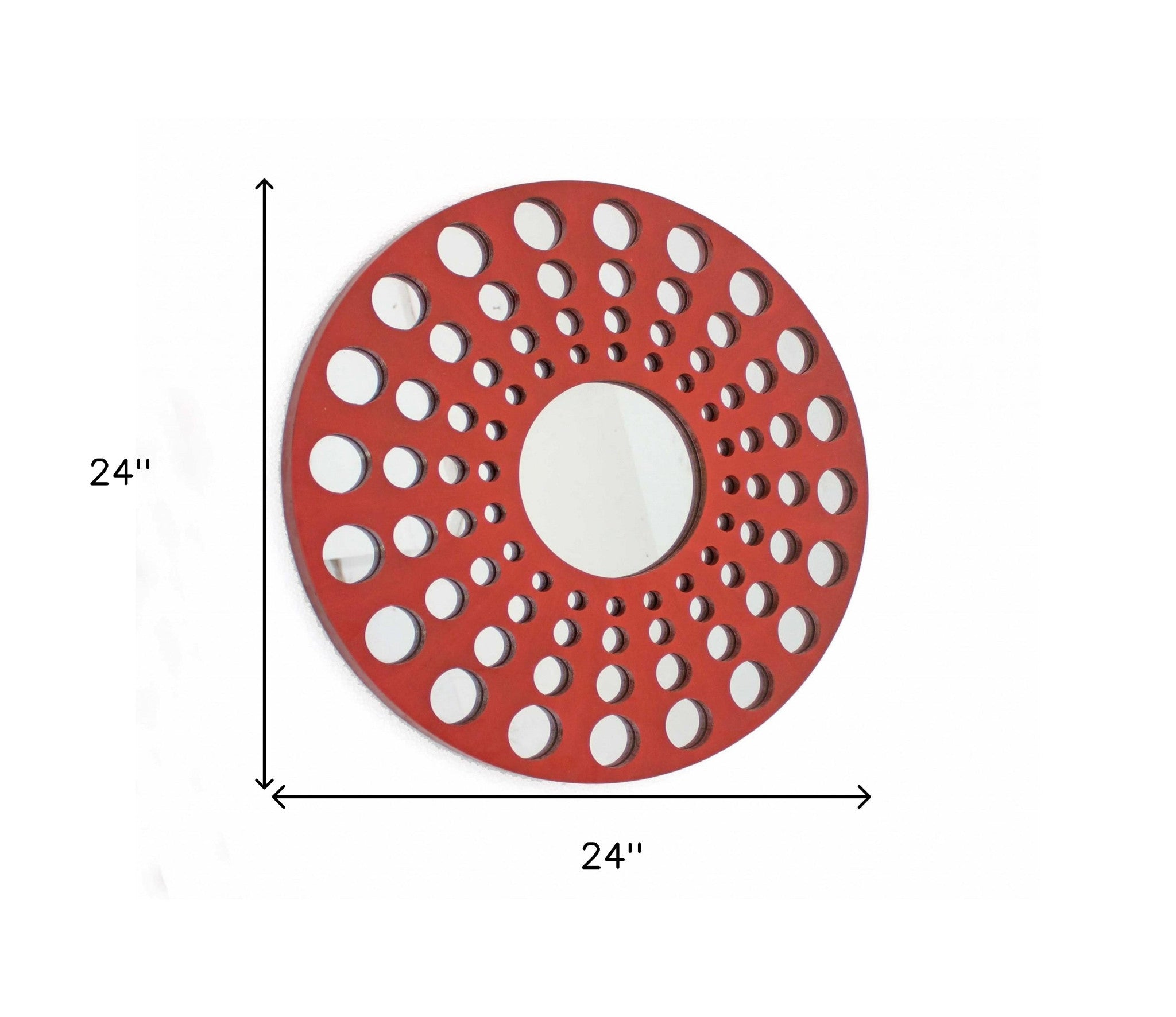 24 inch Red Wooden Circles Wall Mirror with Dimensions