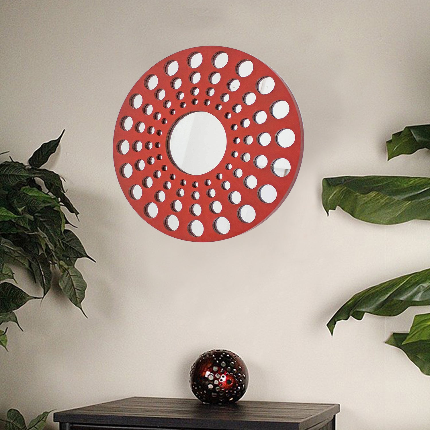 24 inch Red Wooden Circles Wall Mirror Installed Above End Table