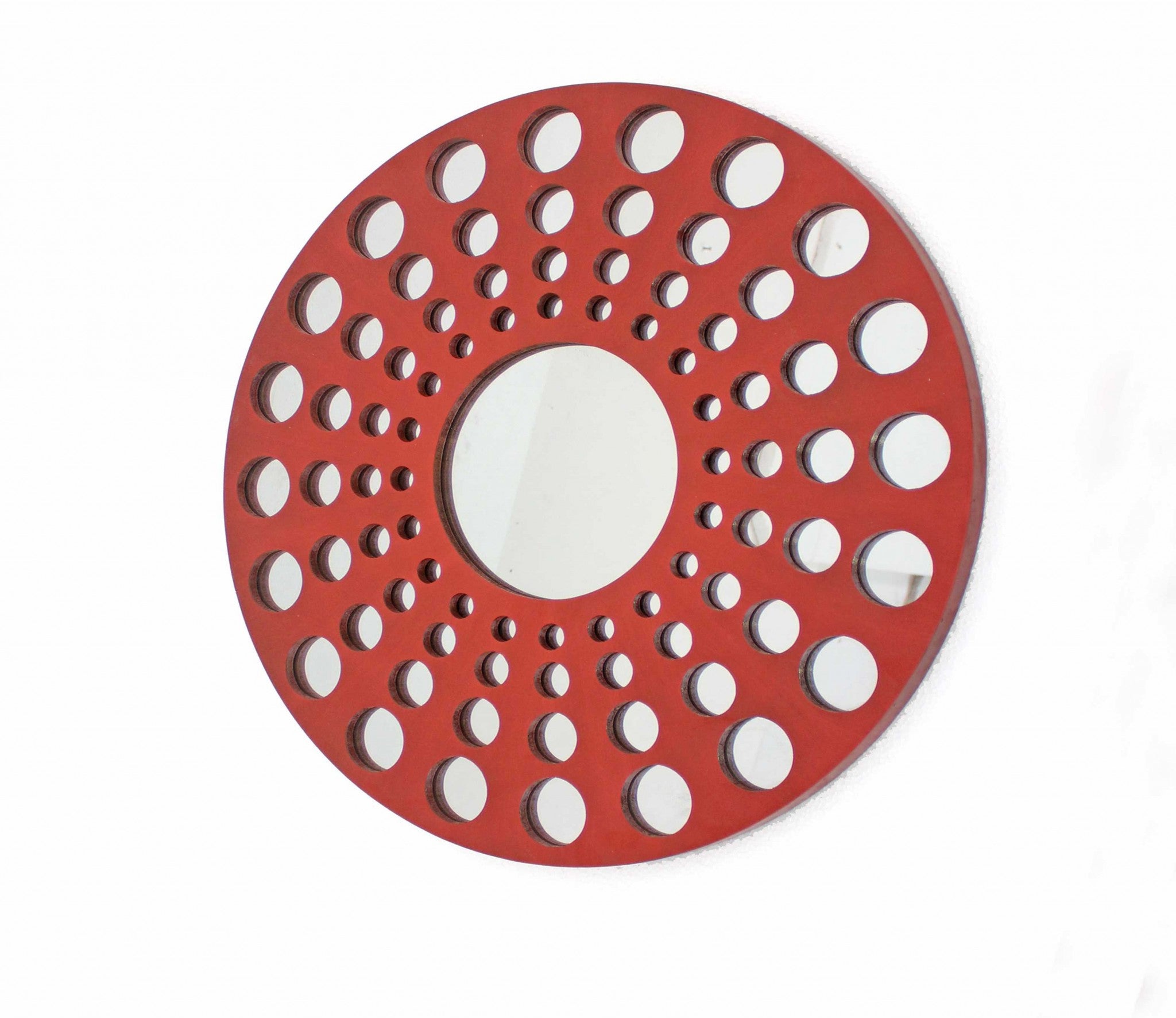 24 inch Red Wooden Circles Wall Mirror Left Angle View