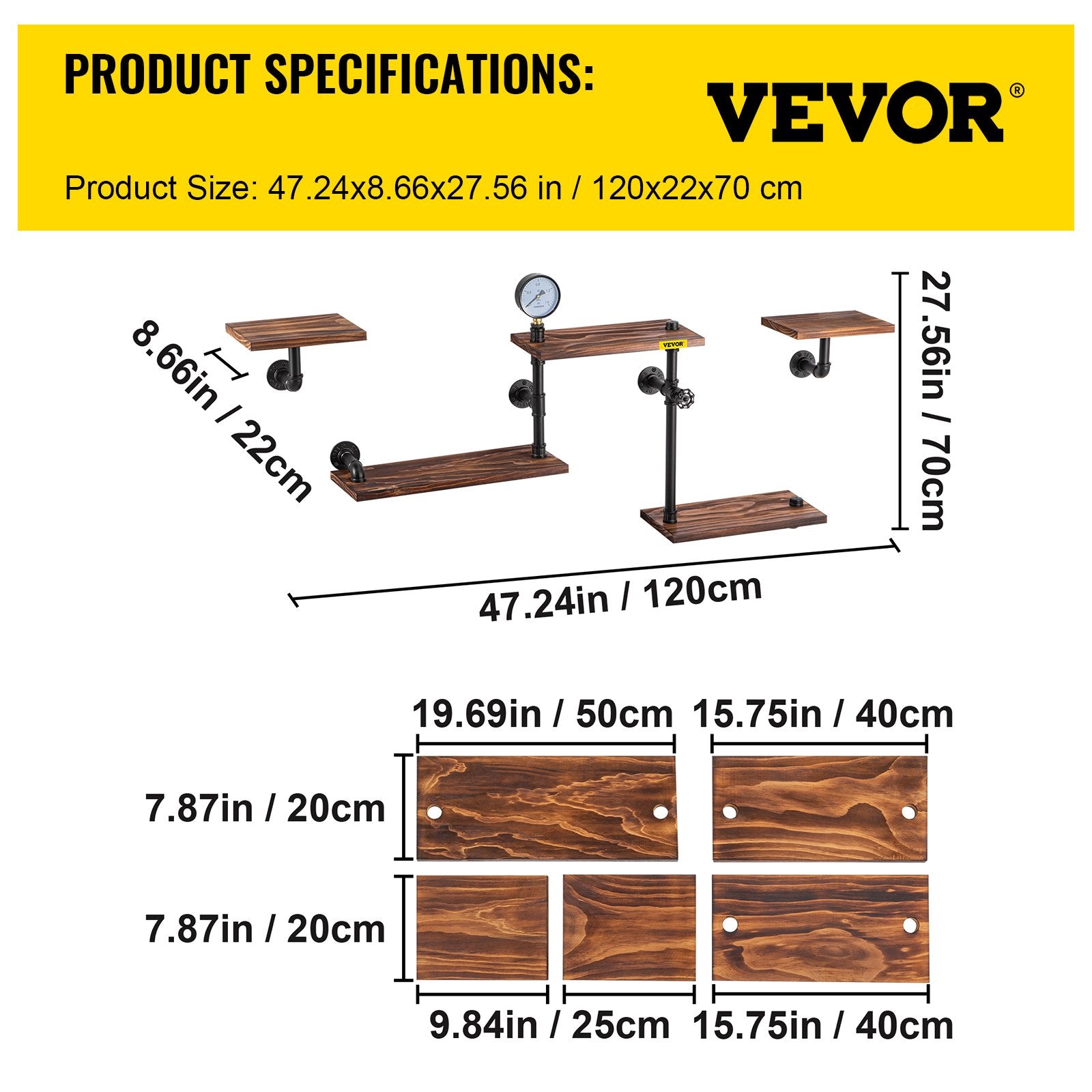 VEVOR Industrial Pipe Shelving, Pipe Shelves with 5-Tier Wood Planks, Rustic Floating Shelves Wall Mounted, Wall Shelf DIY Bookshelf for Bar Kitchen Bathroom Farmhouse Living Room, 47x28x9 inch-5