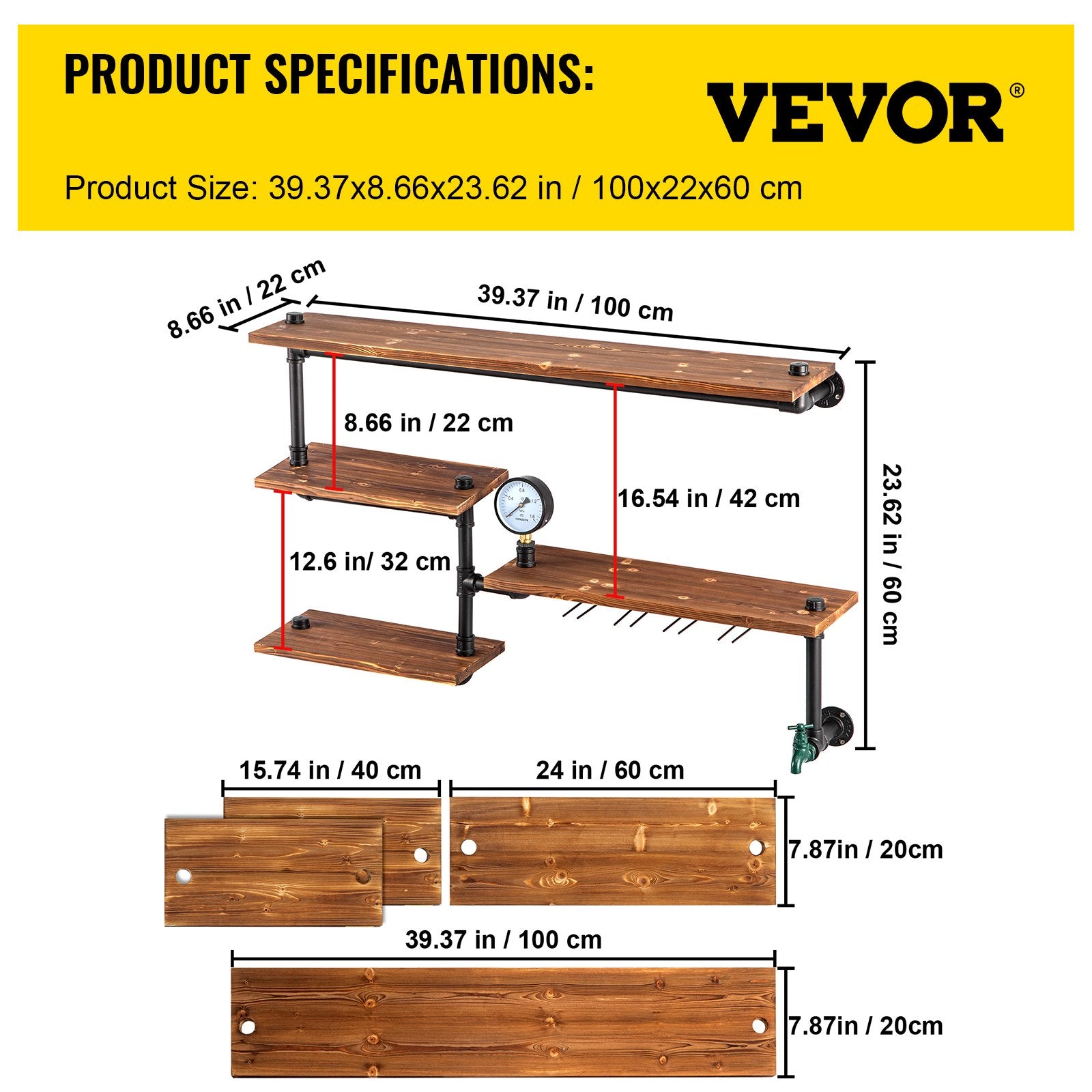 VEVOR Iron Pipes Shelving, Industrial Steel Pipe Shelf w/ 4-Tier Wood Planks, Wall Mounted Modern Rustic Floating Shelves, DIY Storage Bracket for Bathroom, Bookshelf, Kitchen, and Home Decor-5